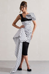 Black Polka Dot Wrap Midi Dress Volume Drape